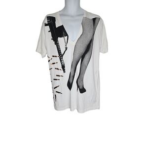United Rockers T-Shirt Graphic Print V Neck Short Sleeve White‎ XL